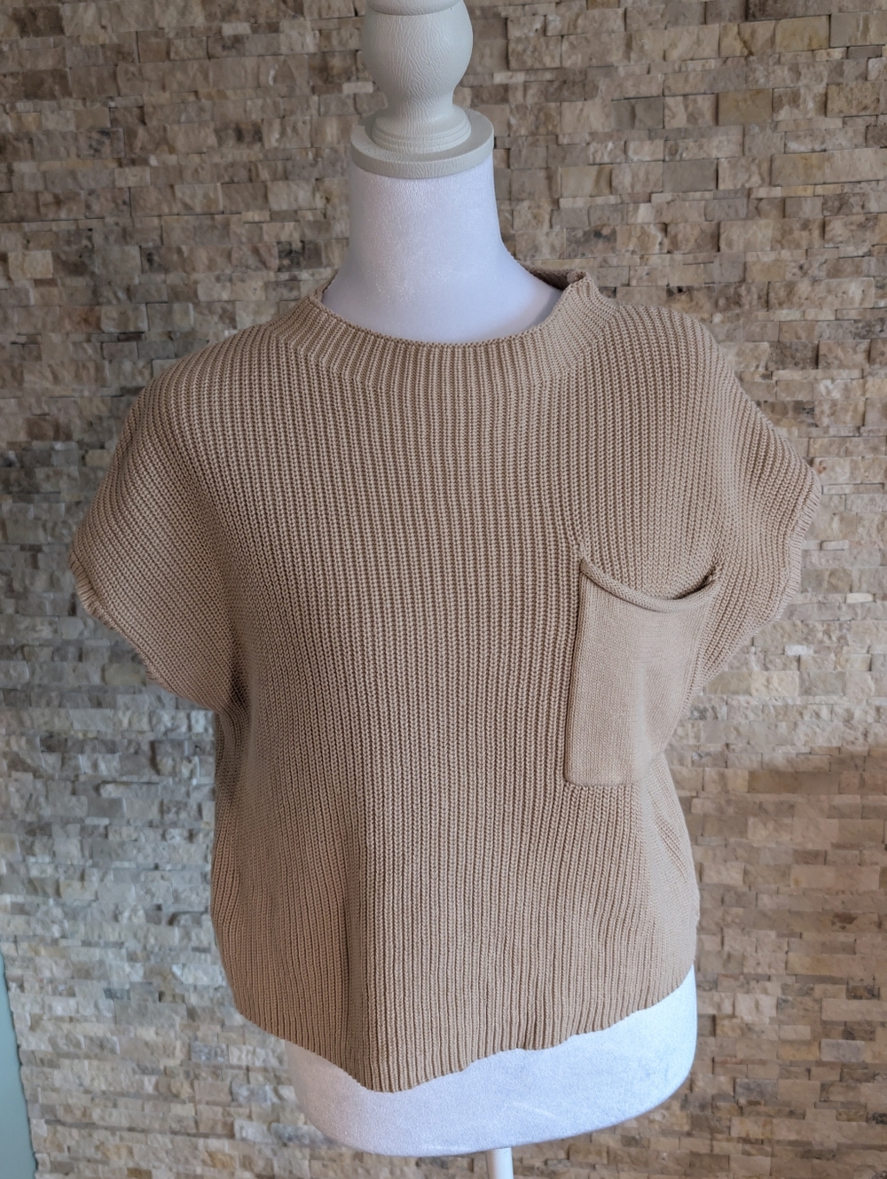 Ribbed Knit Cap Sleeve Sweater Crop Top Beige Tan Apricot XS Beachy Neutral
